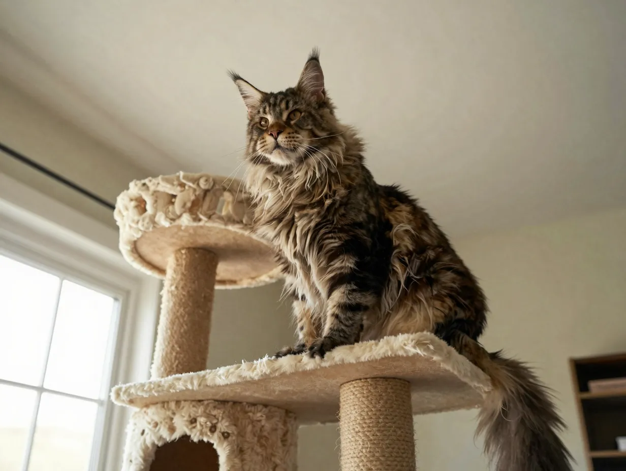 Orion large maine coon cat surveying kingdom from high perch