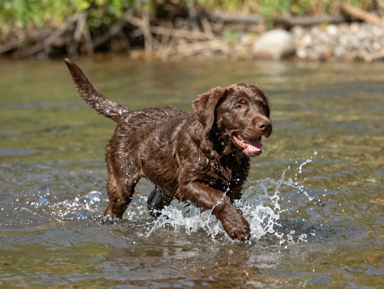 An adventurous water loving chocolate lab puppy named river