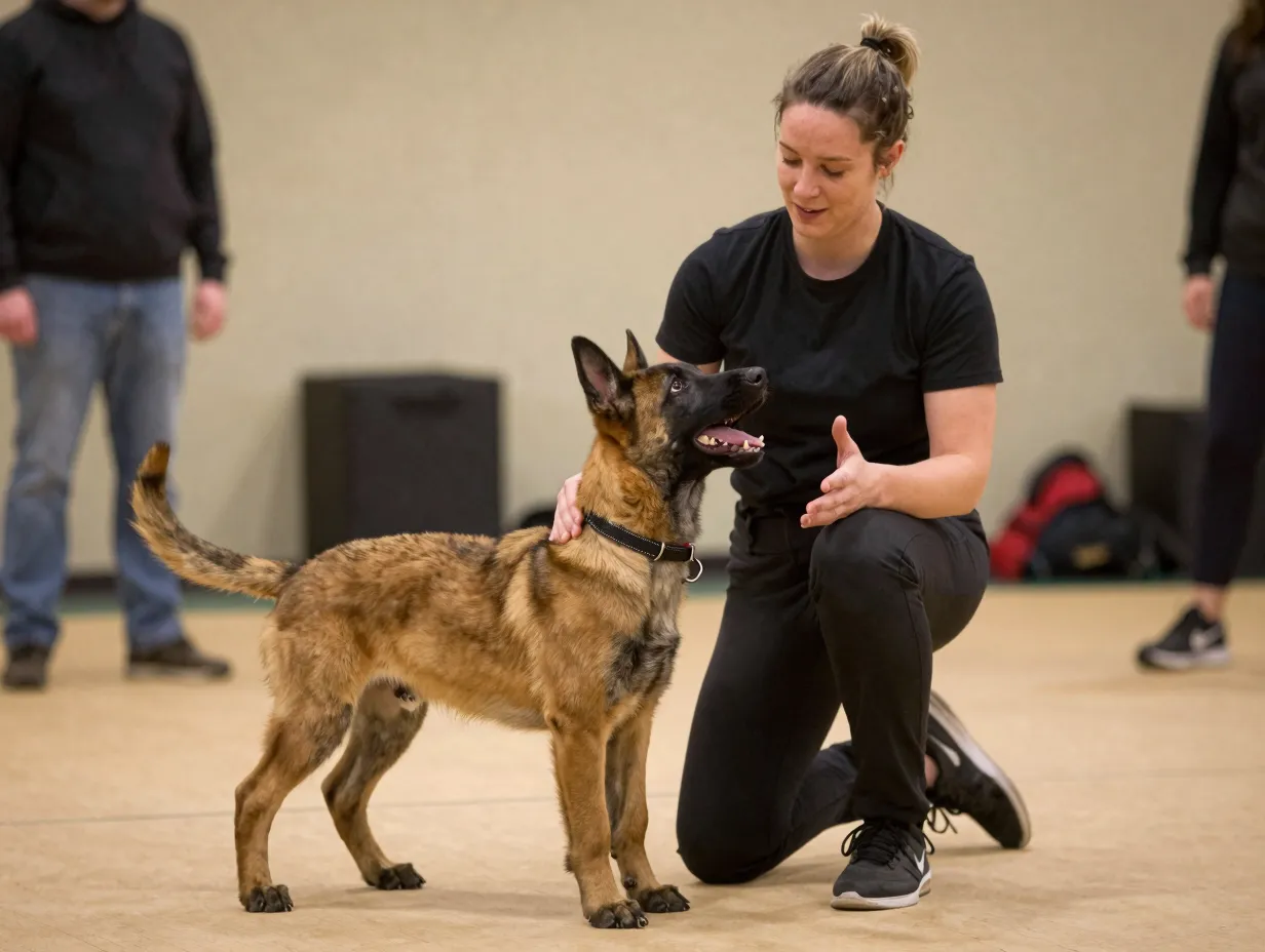Calm positive trainer belgian malinois puppy upbeat training session