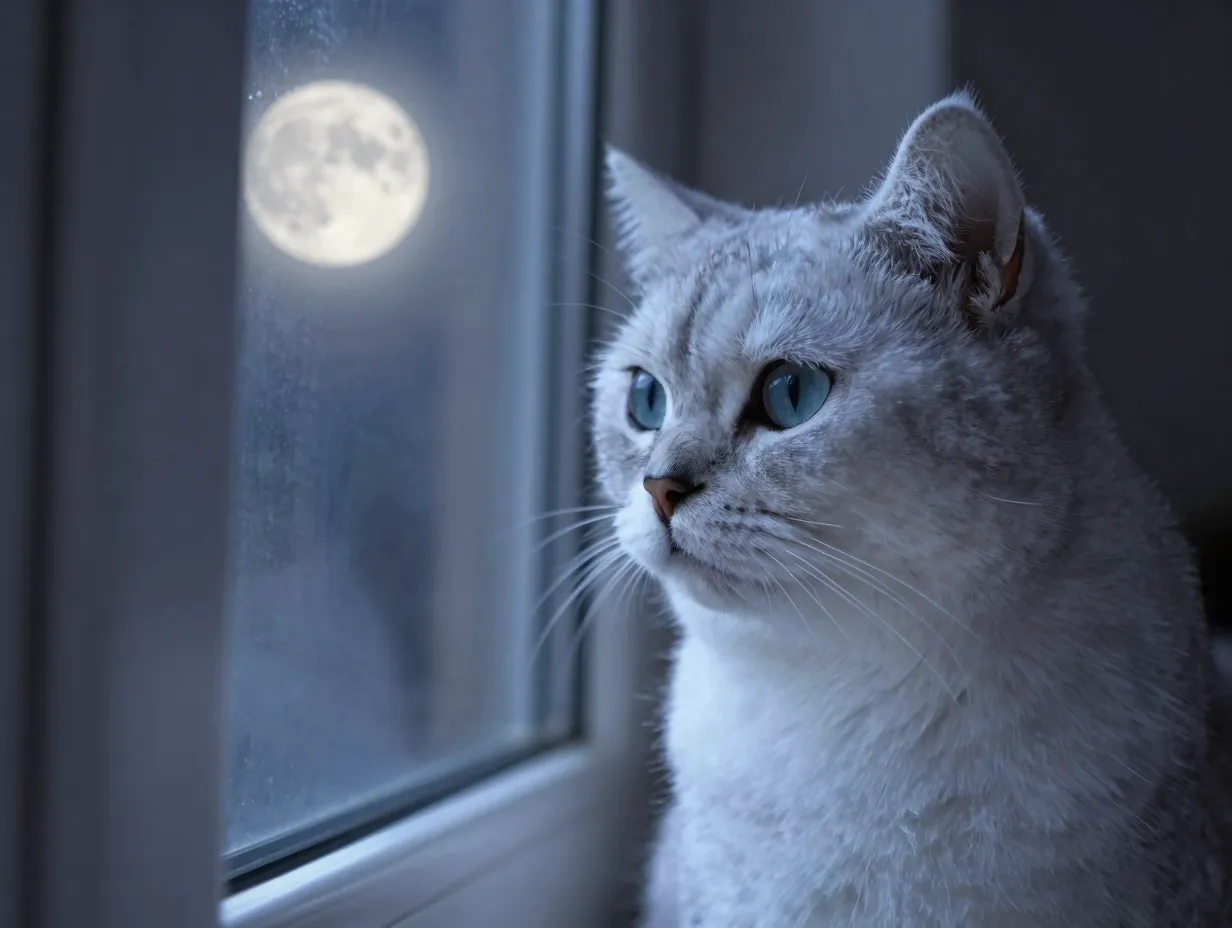 Luna silver cat dreamy gentle night window moonlight