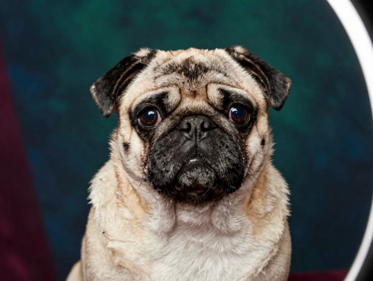 Pug portrait with expressive eyes against jewel toned regal background