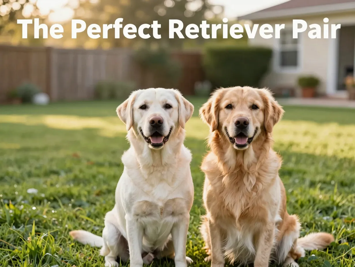 Labrador golden retriever pair sitting sunny backyard harmony