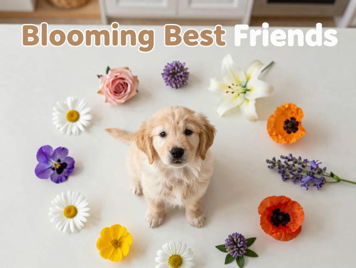 Nine floral dog names circle with golden puppy flat lay