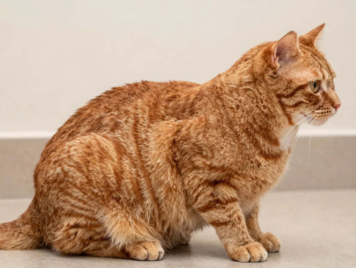 Domestic shorthair orange tabby cat with swirling pattern side view