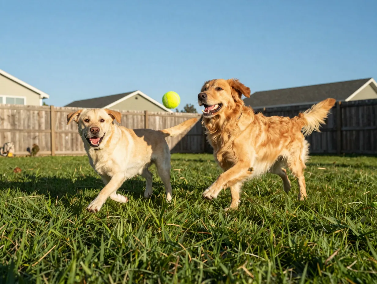 Labrador and golden retriever playing fetch in a grassy backyard