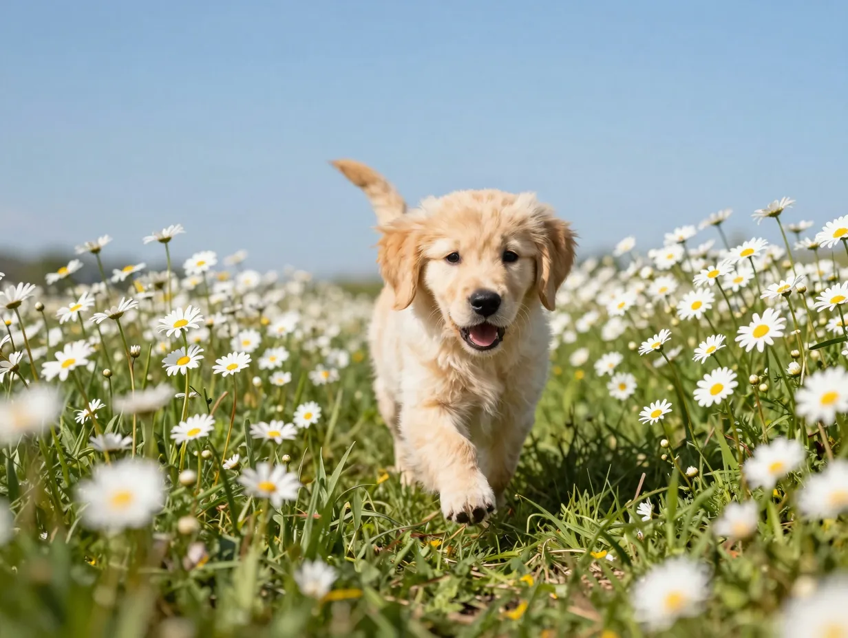 Playful golden retriever puppy named daisy in sunny flower garden
