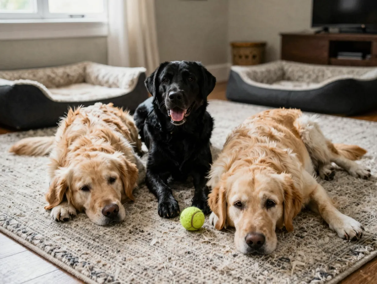 Calm golden retriever and energetic labrador relaxing together