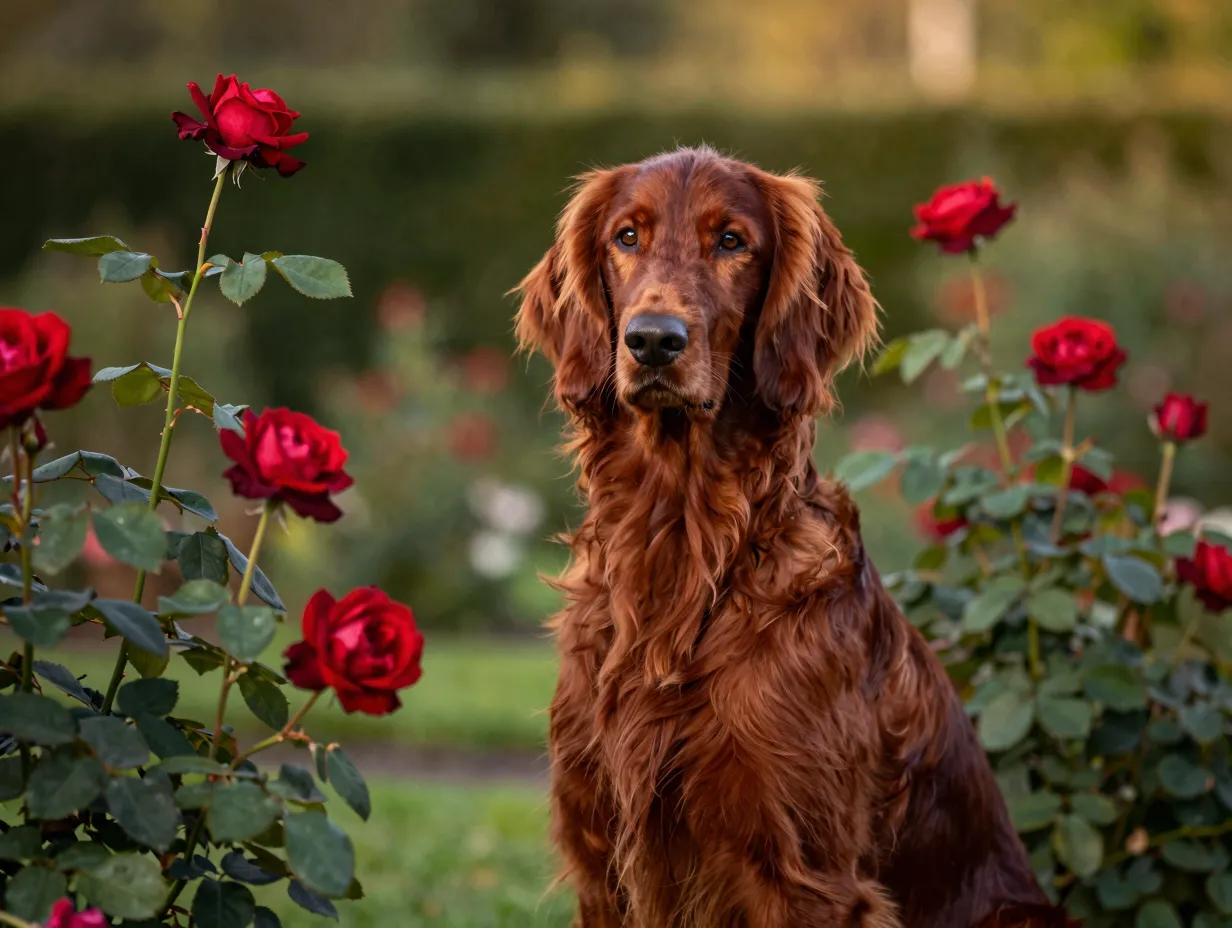 Elegant red irish setter named rose posing in regal garden