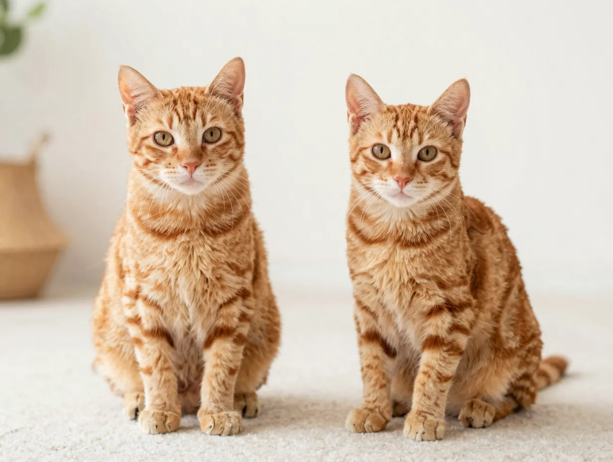 Male orange tabby kitten next to female orange tabby kitten comparison