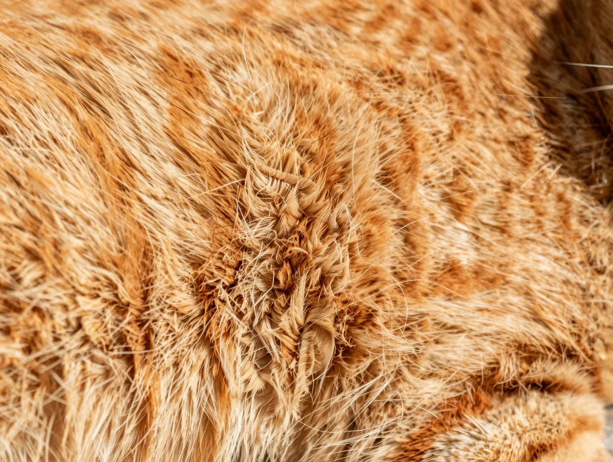 Close up orange tabby cat fur faint stripes in sunlight