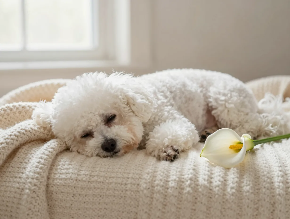 Gentle white bichon frise named lily resting on soft blanket