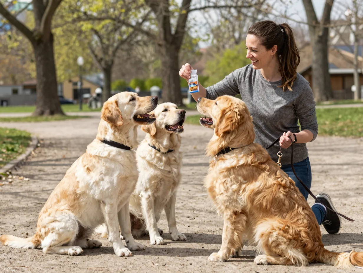 Owner training labrador and golden retriever with treats