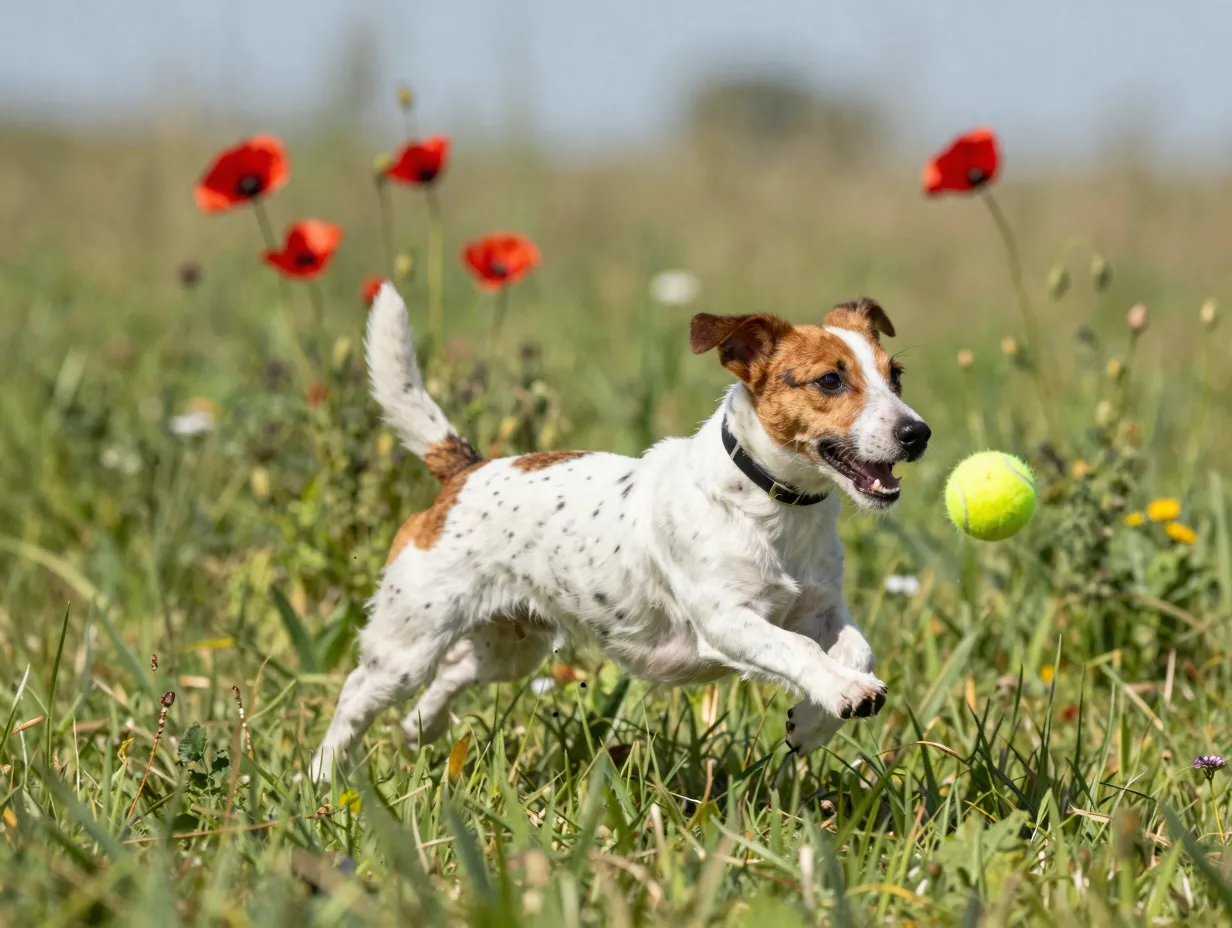 Energetic jack russell terrier named poppy chasing ball in field