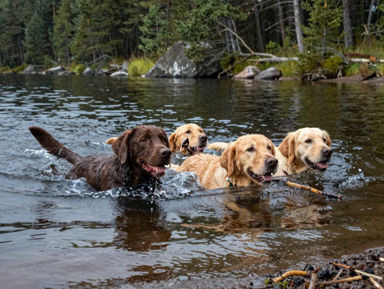 Labrador and golden retriever swimming in a forest lake