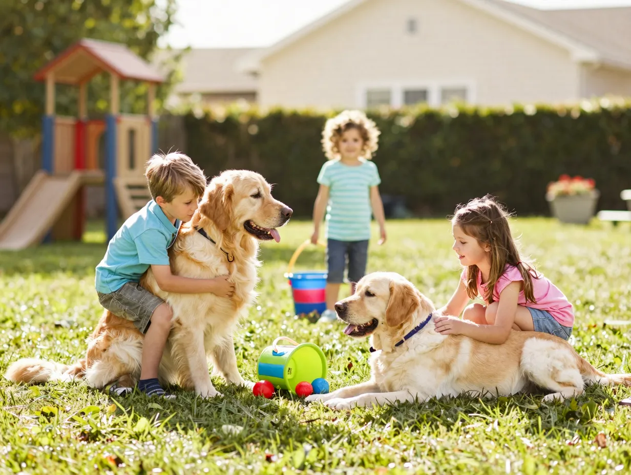 Golden retriever and labrador playing with children outdoors