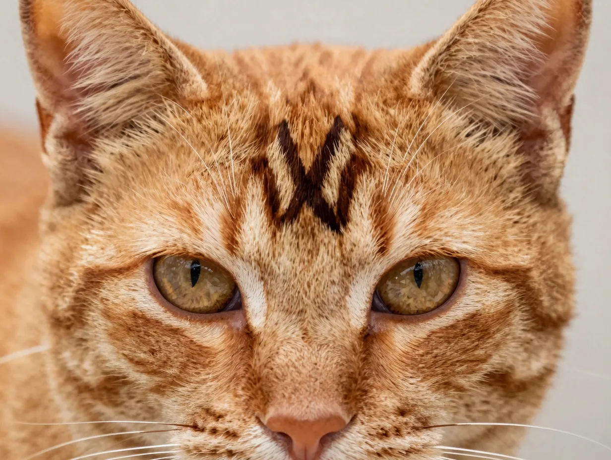 Orange tabby cat forehead close up showing distinct m marking