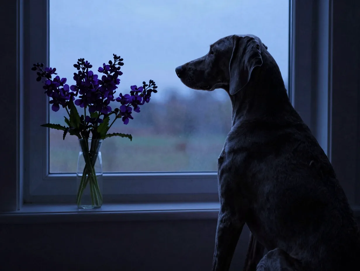 Thoughtful grey weimaraner named violet sitting by window at dusk