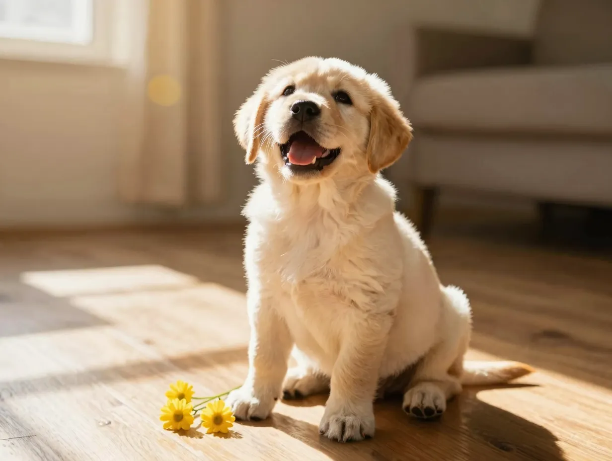 Cheerful yellow labrador retriever puppy named buttercup in sunbeam