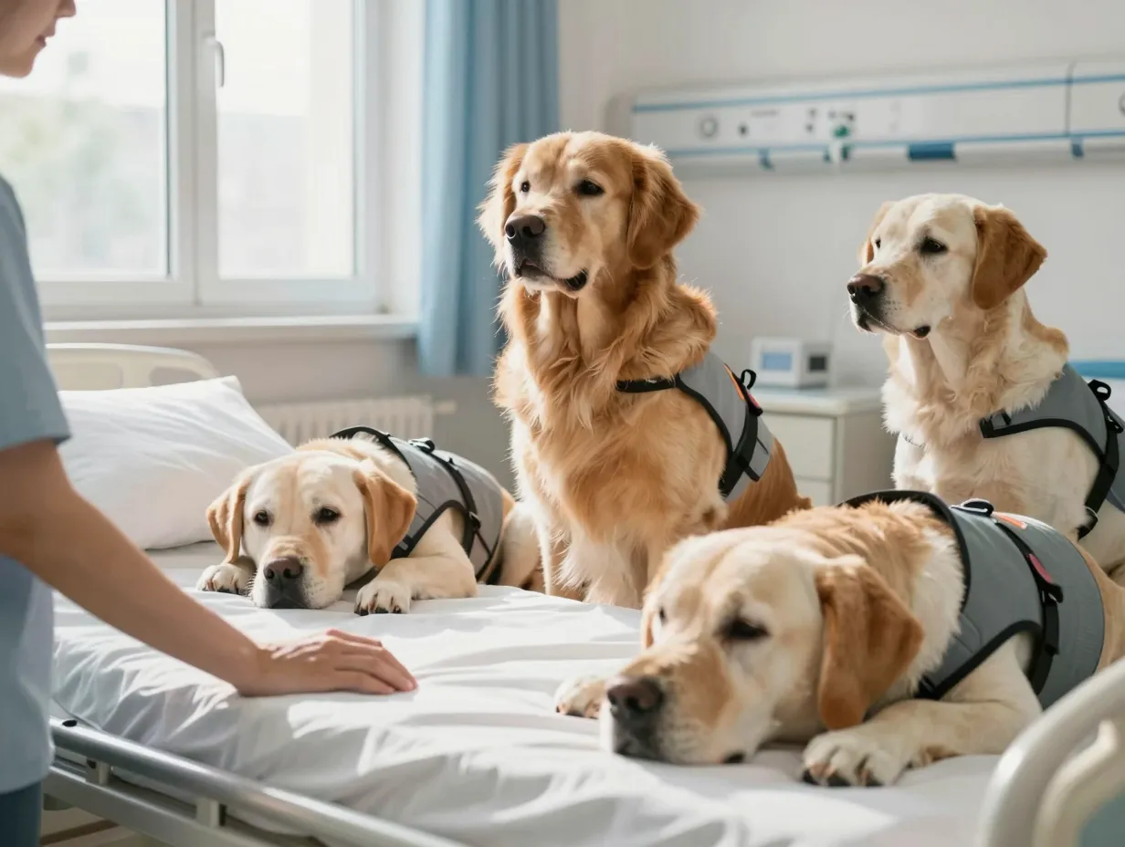 Golden and labrador as therapy dogs in a hospital room