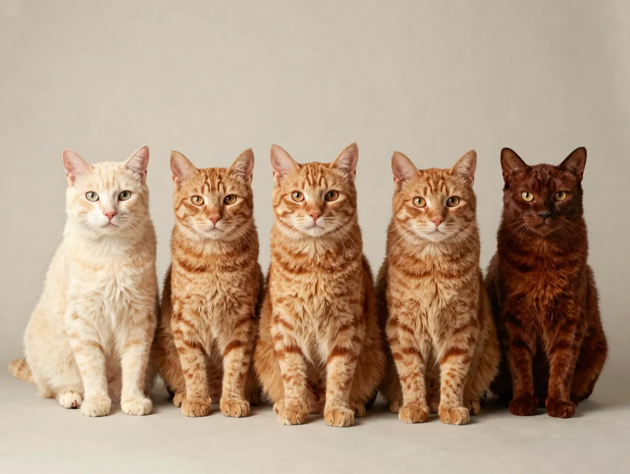 Three orange tabby cats showcasing cream ginger and mahogany coats