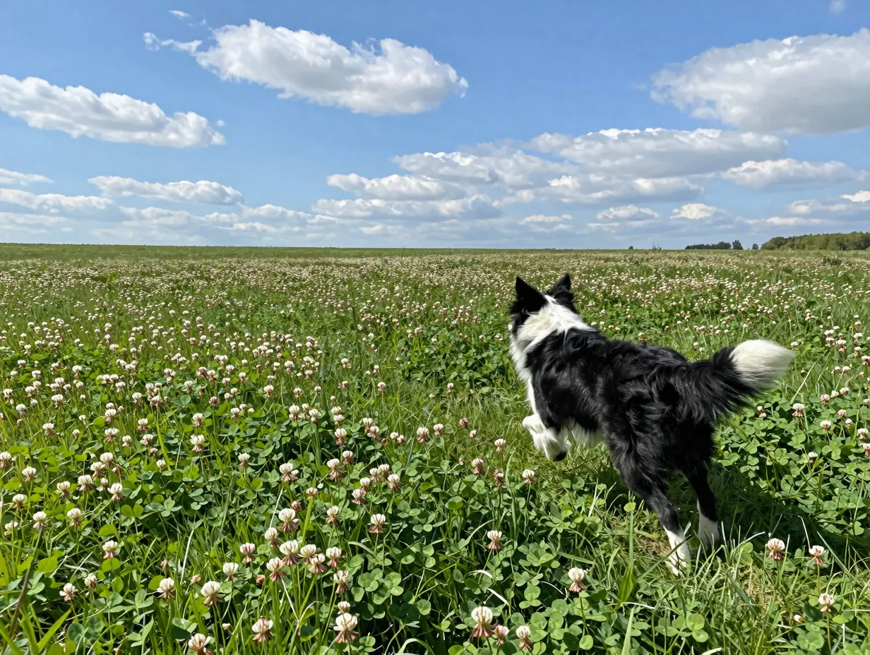 Adventurous border collie named clover running through green clover field