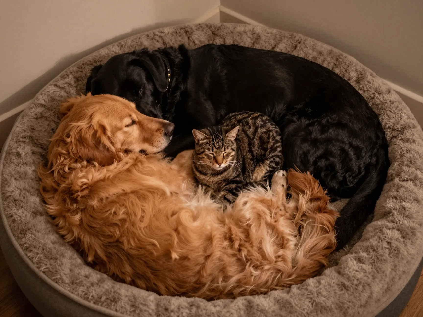 Golden retriever and labrador sleeping with a household cat
