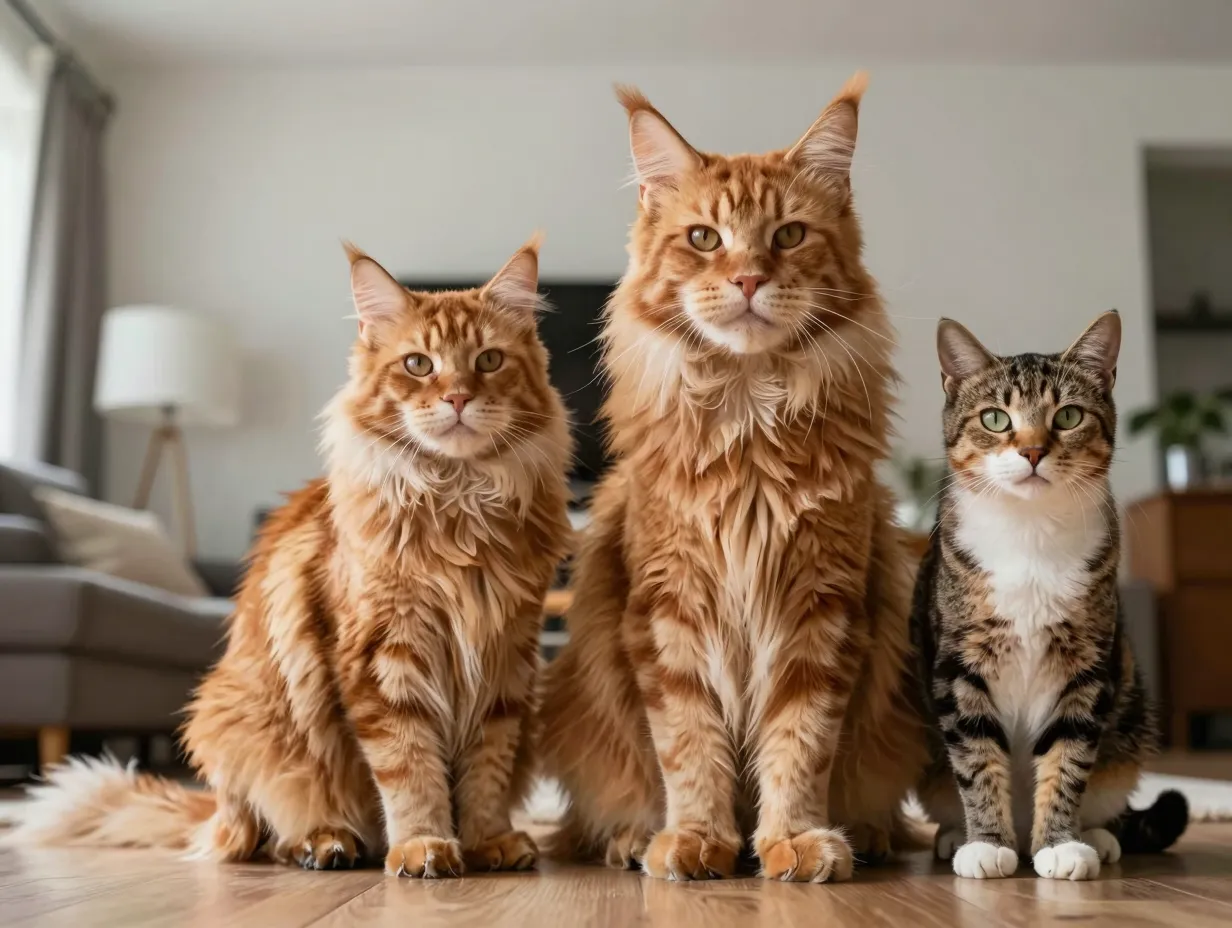 Large male orange tabby maine coon cat next to average cat