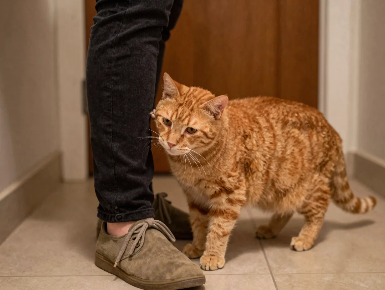 Affectionate orange tabby cat rubbing against persons leg
