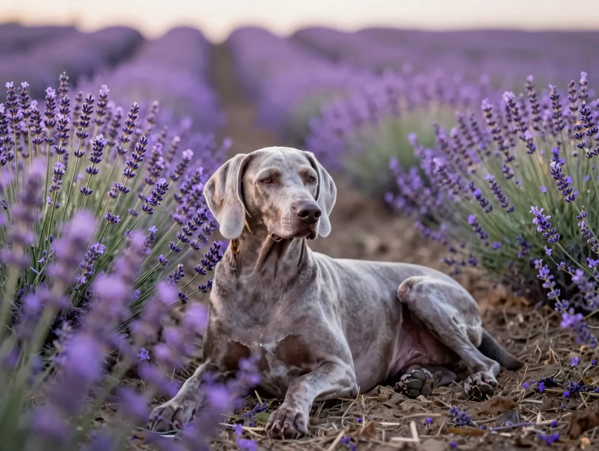 Calm silver weimaraner named lavender resting in purple lavender field