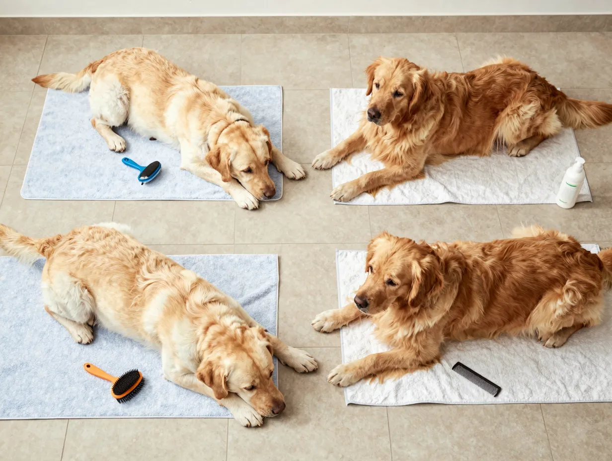 Parallel grooming session for labrador and golden retriever