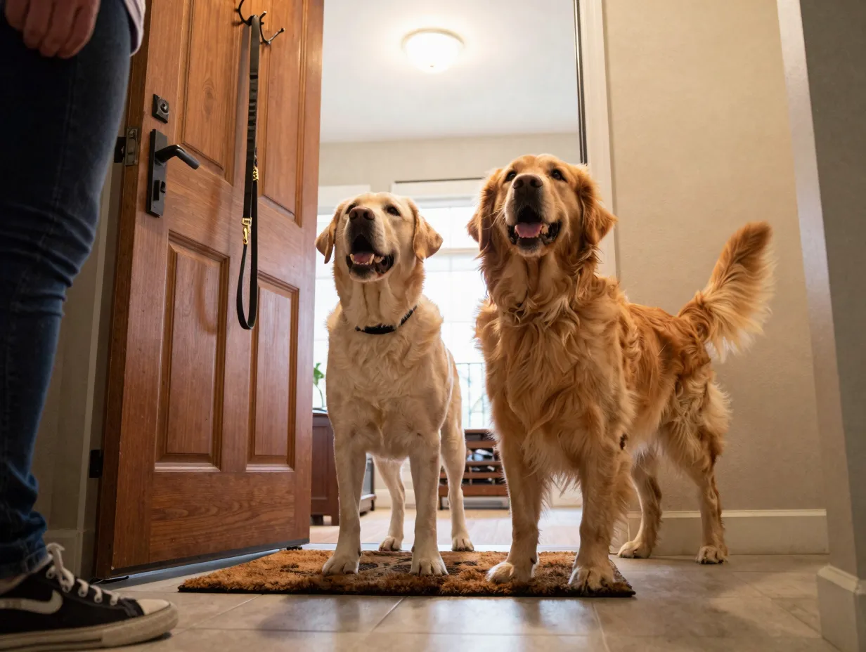 Labrador and golden greeting owner at the front door