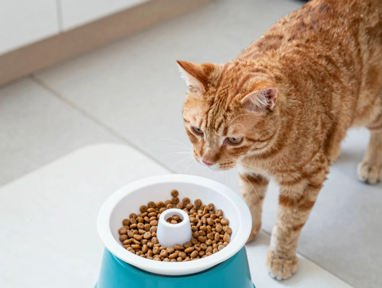 Senior orange tabby cat using puzzle feeder for meal
