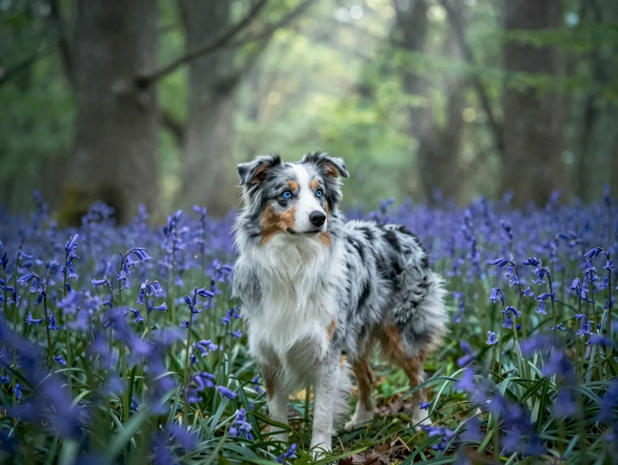 Whimsical blue merle australian shepherd named bluebell in magical forest
