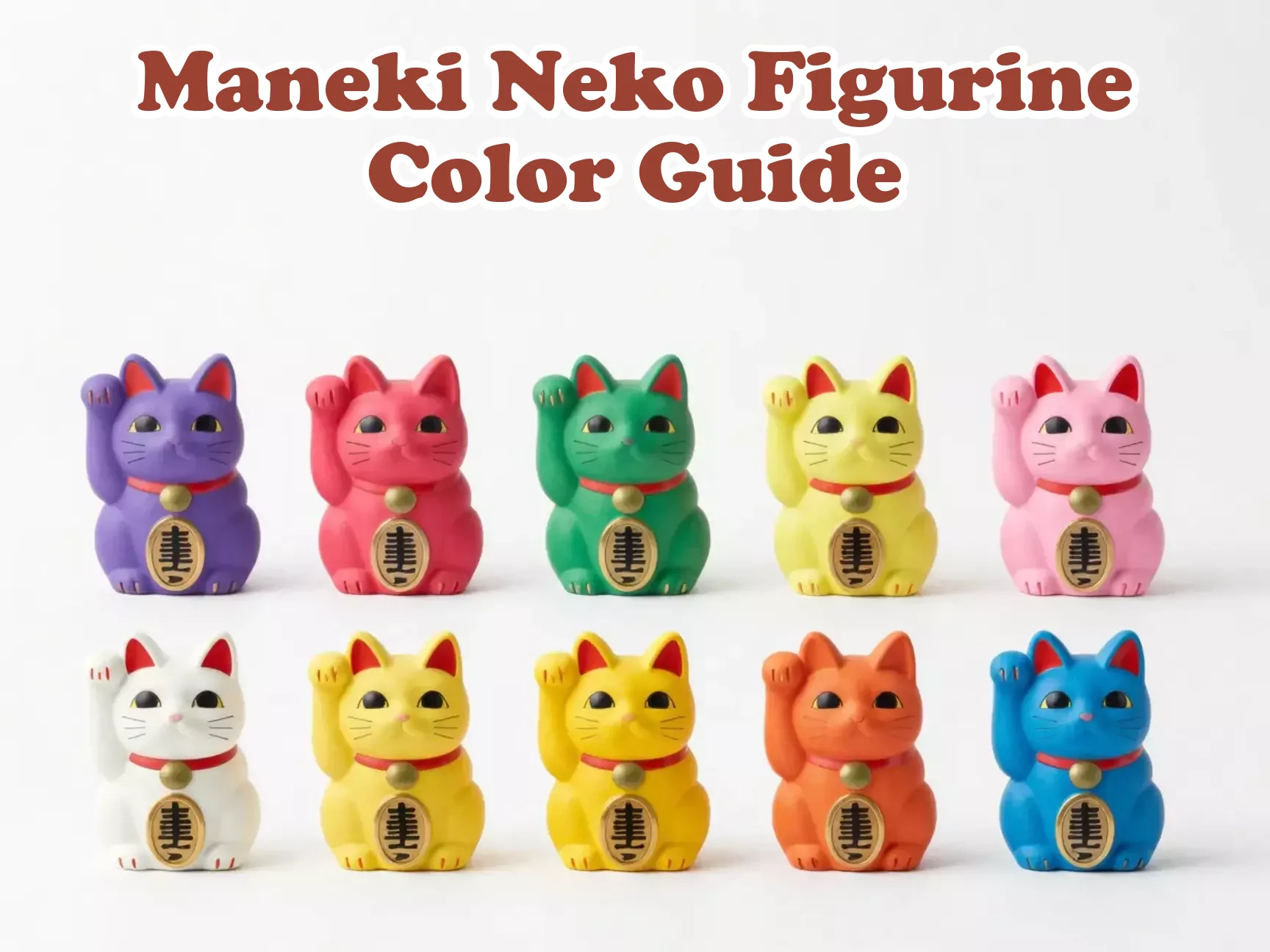 Nine colorful maneki neko figurines grid arrangement ceramic japanese luck main