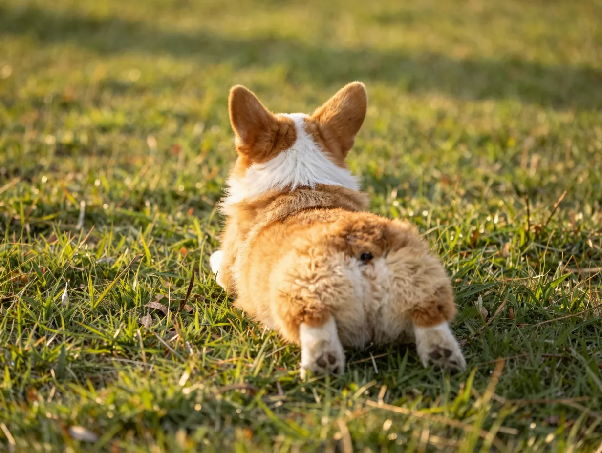 Corgi puppy lying sploot on green grass in warm afternoon sunlight