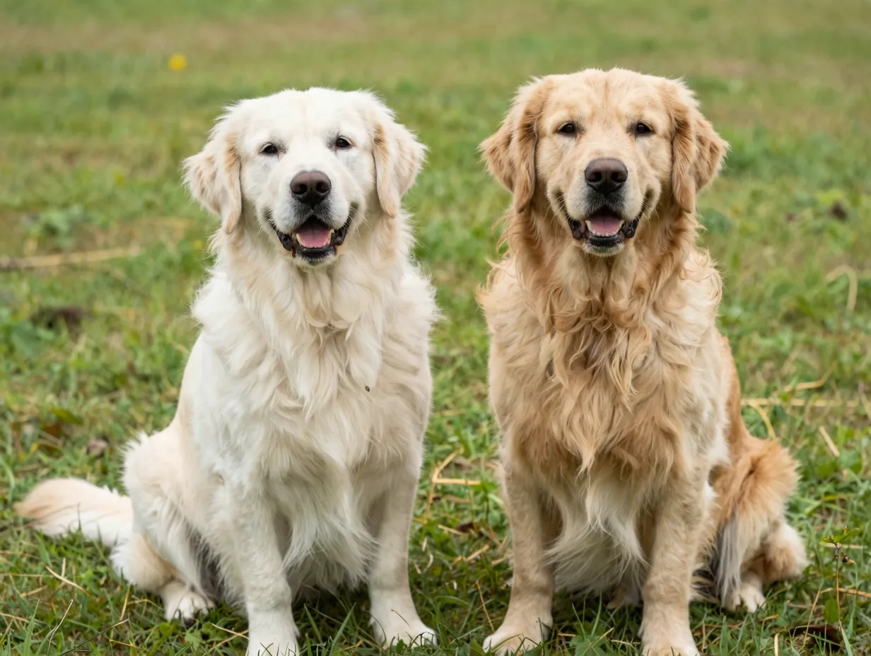 White and golden retriever comparison on sunny grass