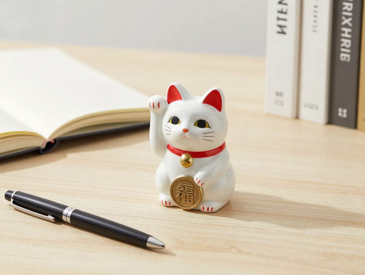 White maneki neko on wooden desk with notebook for new beginnings