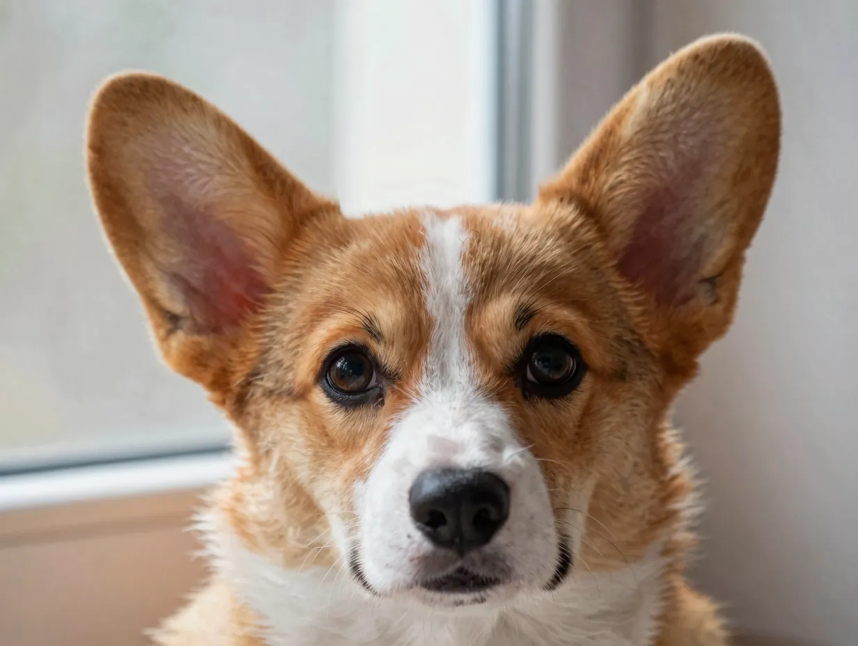 Corgi puppy close up portrait focusing on its large triangular ears
