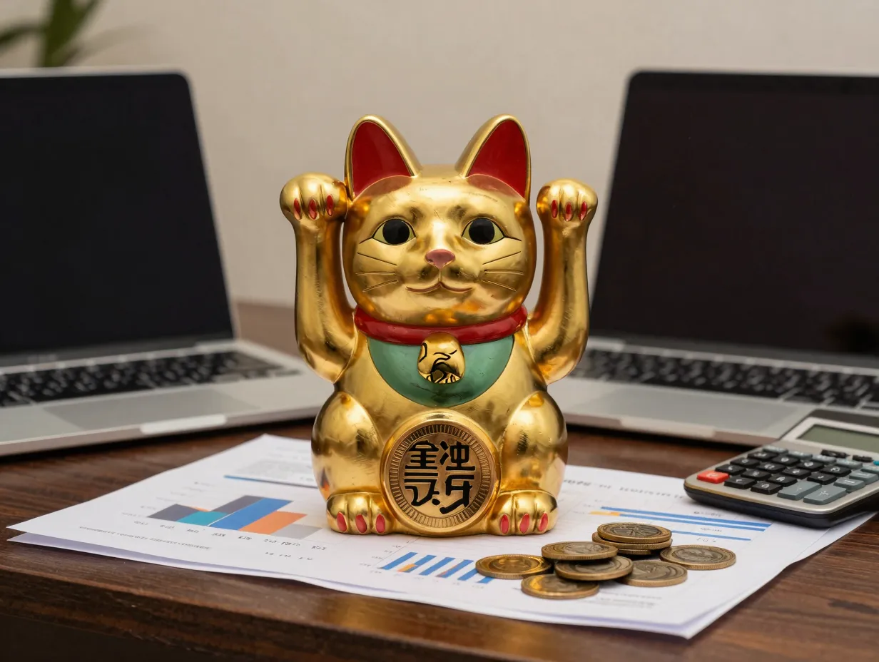Gold maneki neko amid financial documents and coins