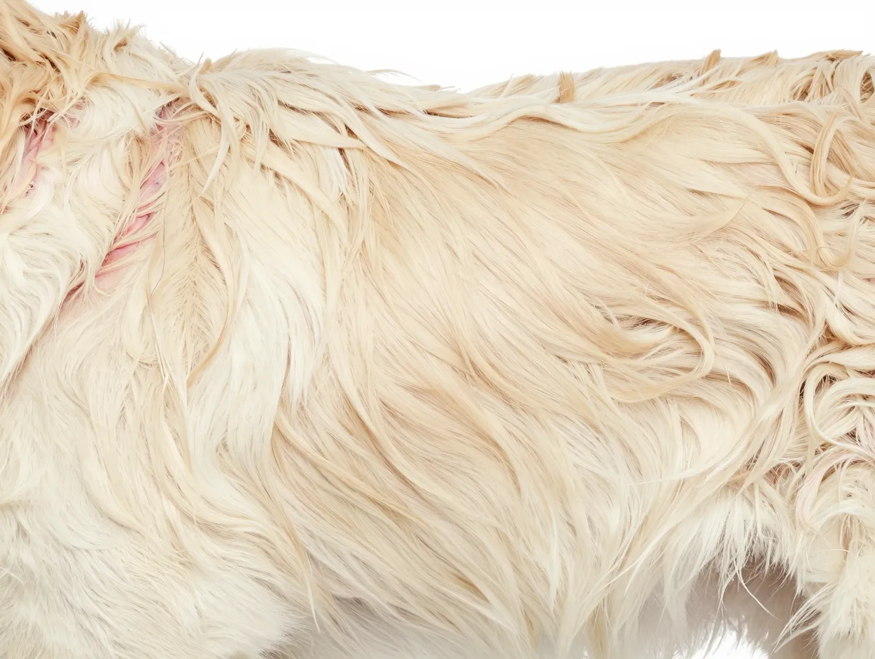 Macro detail of pale cream golden retriever fur and skin