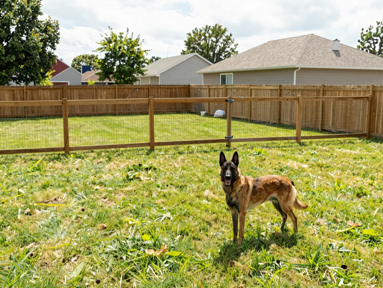 Malinois in large home yard with secure six foot fence