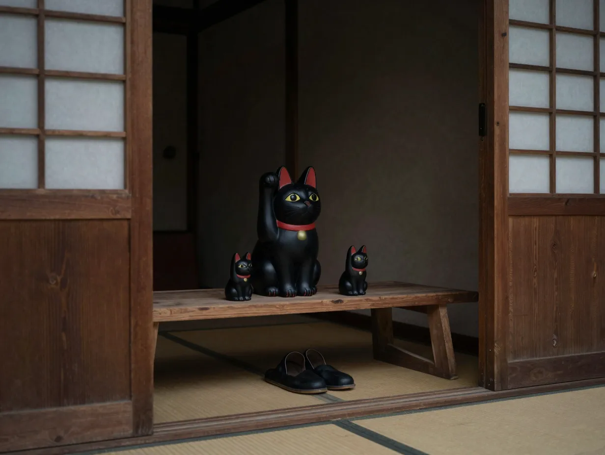 Black maneki neko in japanese genkan with shoji door