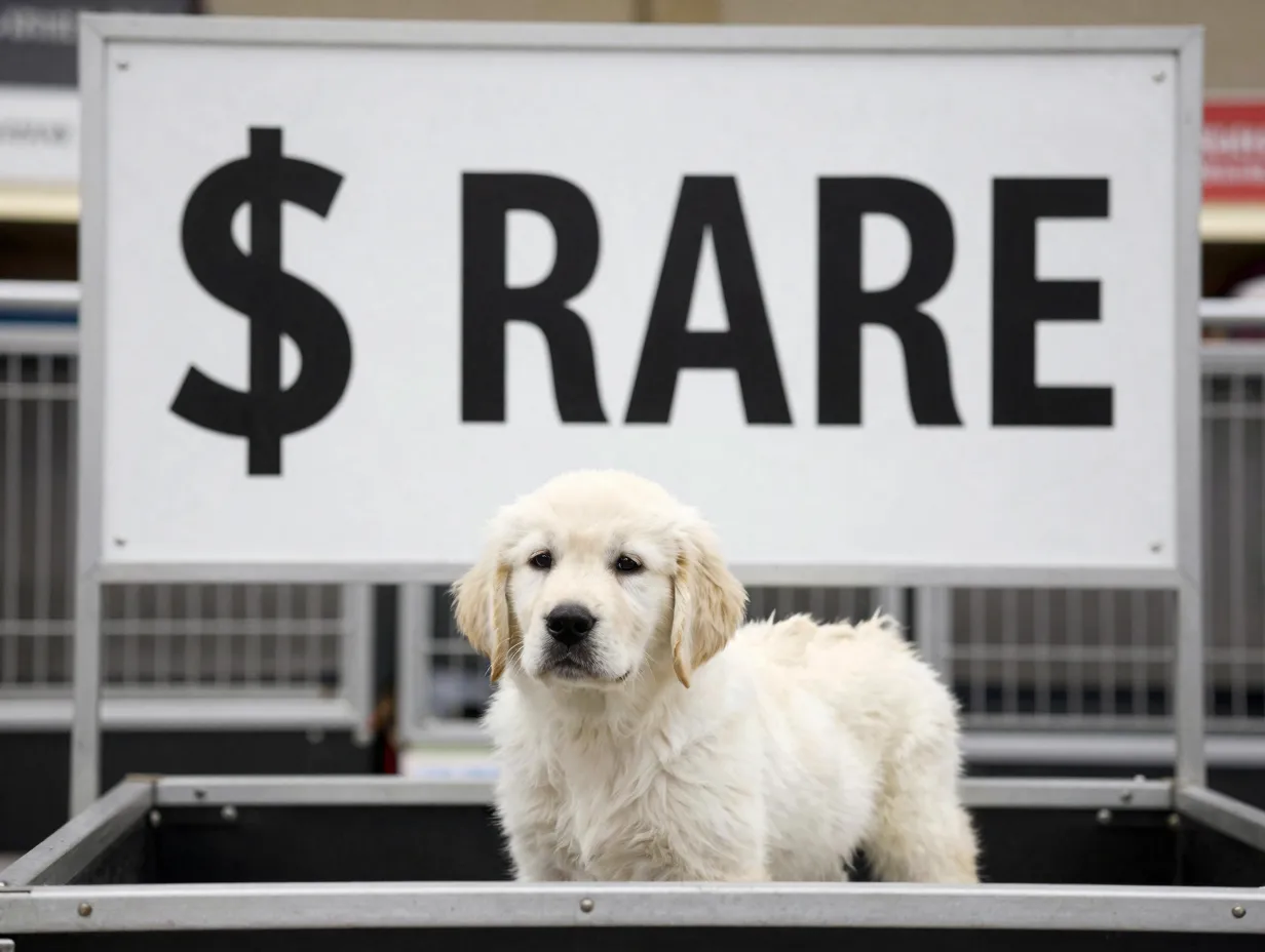 Cream golden retriever puppy with rare price tag sign