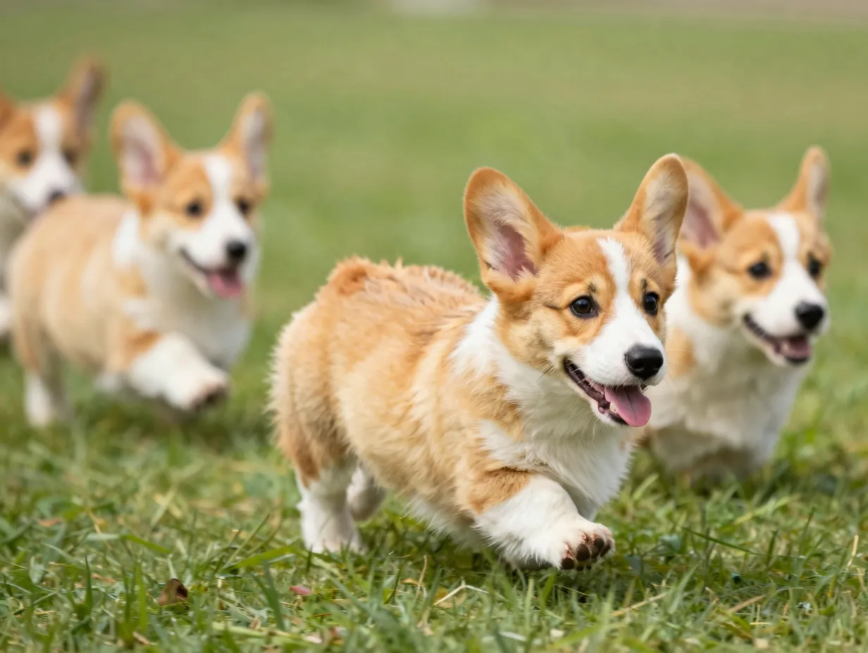 Corgi puppy racing in a blur during the zoomies outdoors