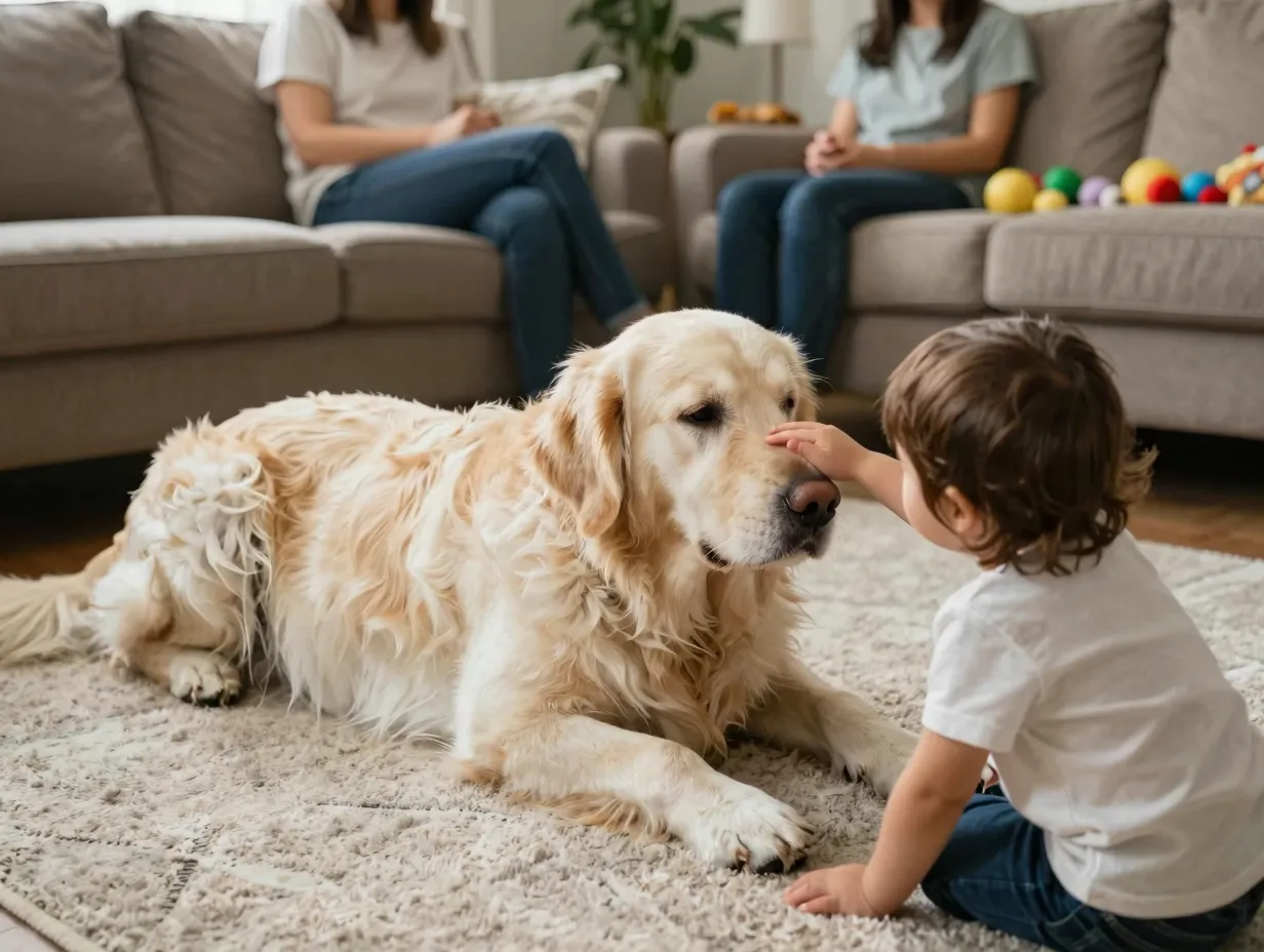 Cream golden retriever being petted by child at home