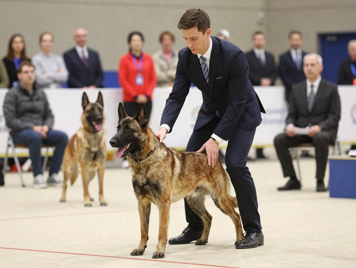 Malinois performing a structured job in obedience competition