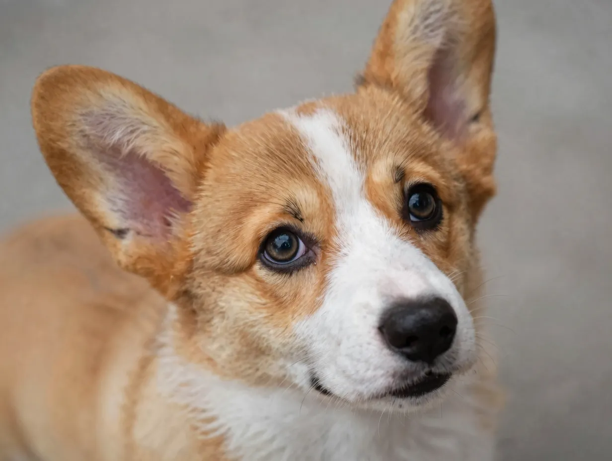 Corgi puppy looking up with wide puppy dog eyes close up