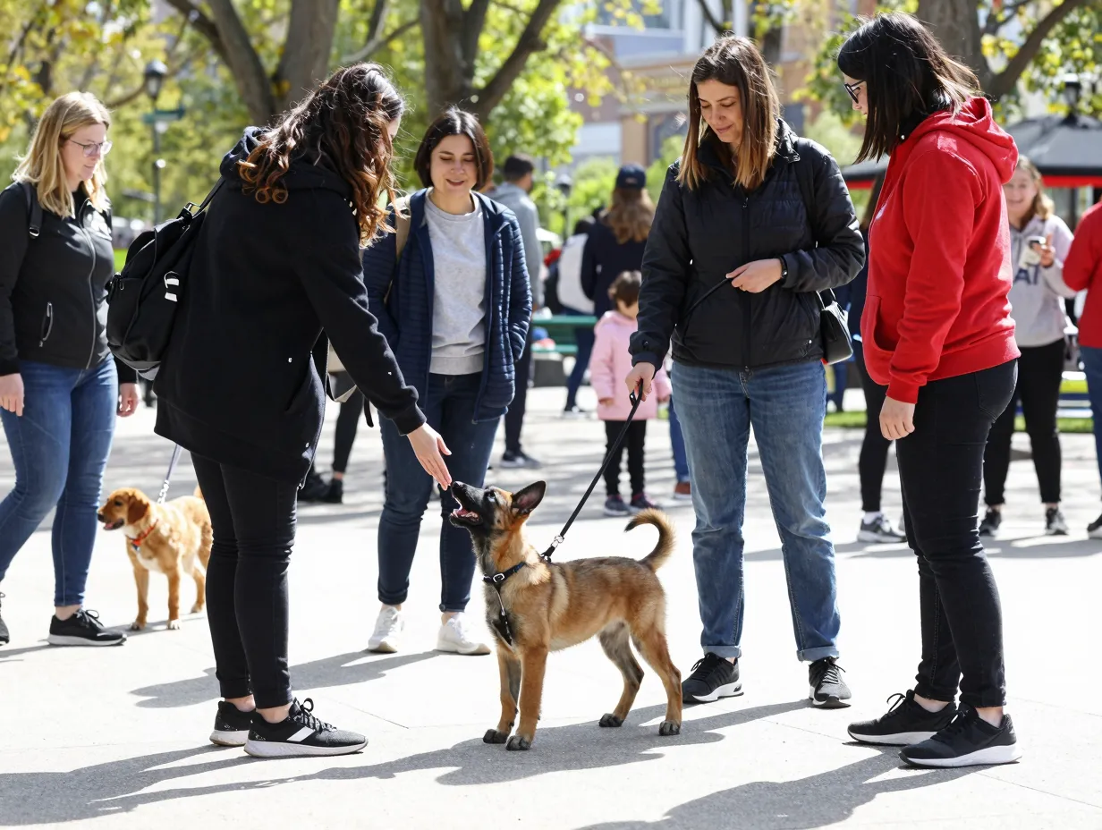 Malinois puppy socialization with diverse people in public park