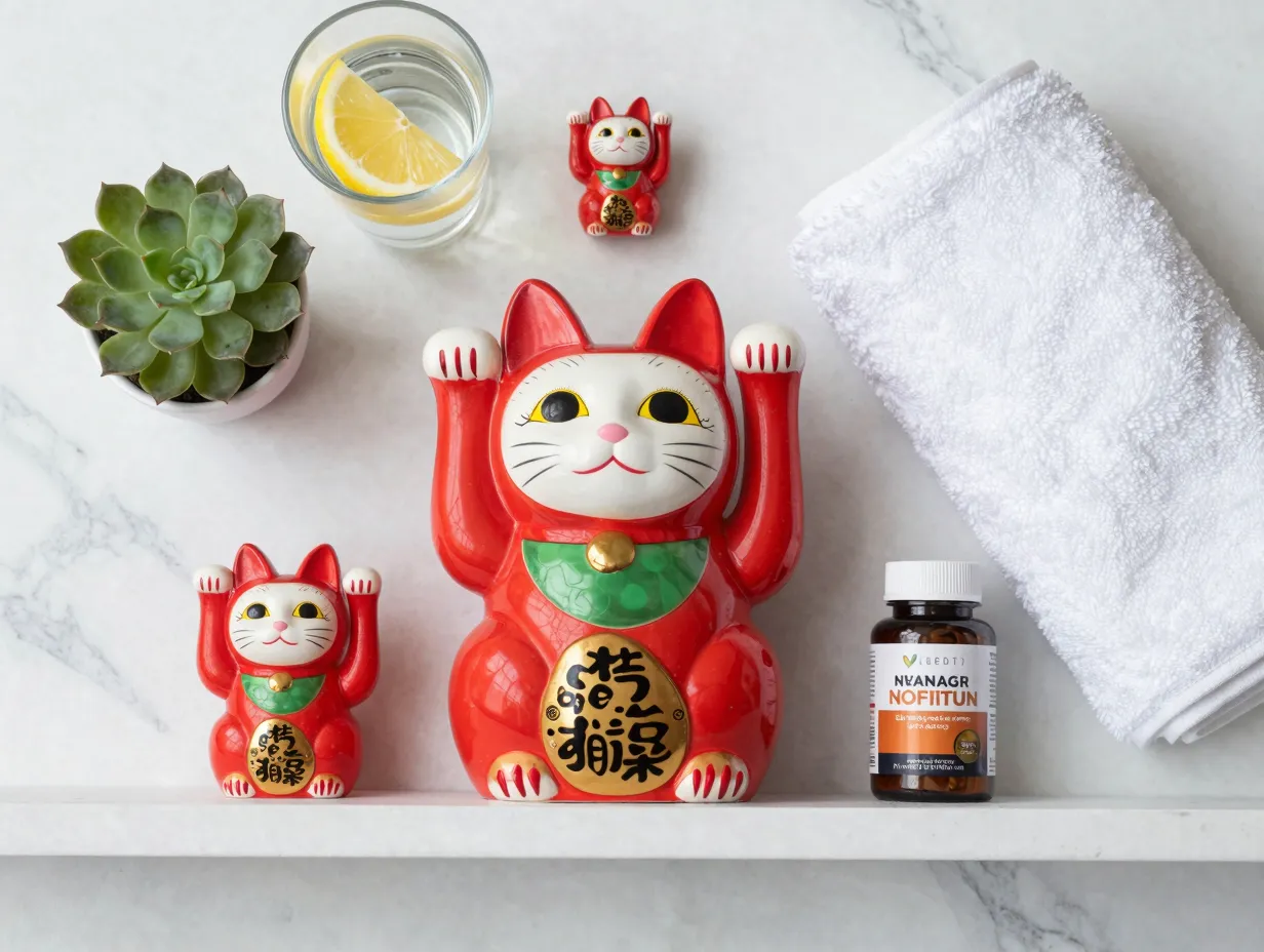Red maneki neko with wellness items on marble surface