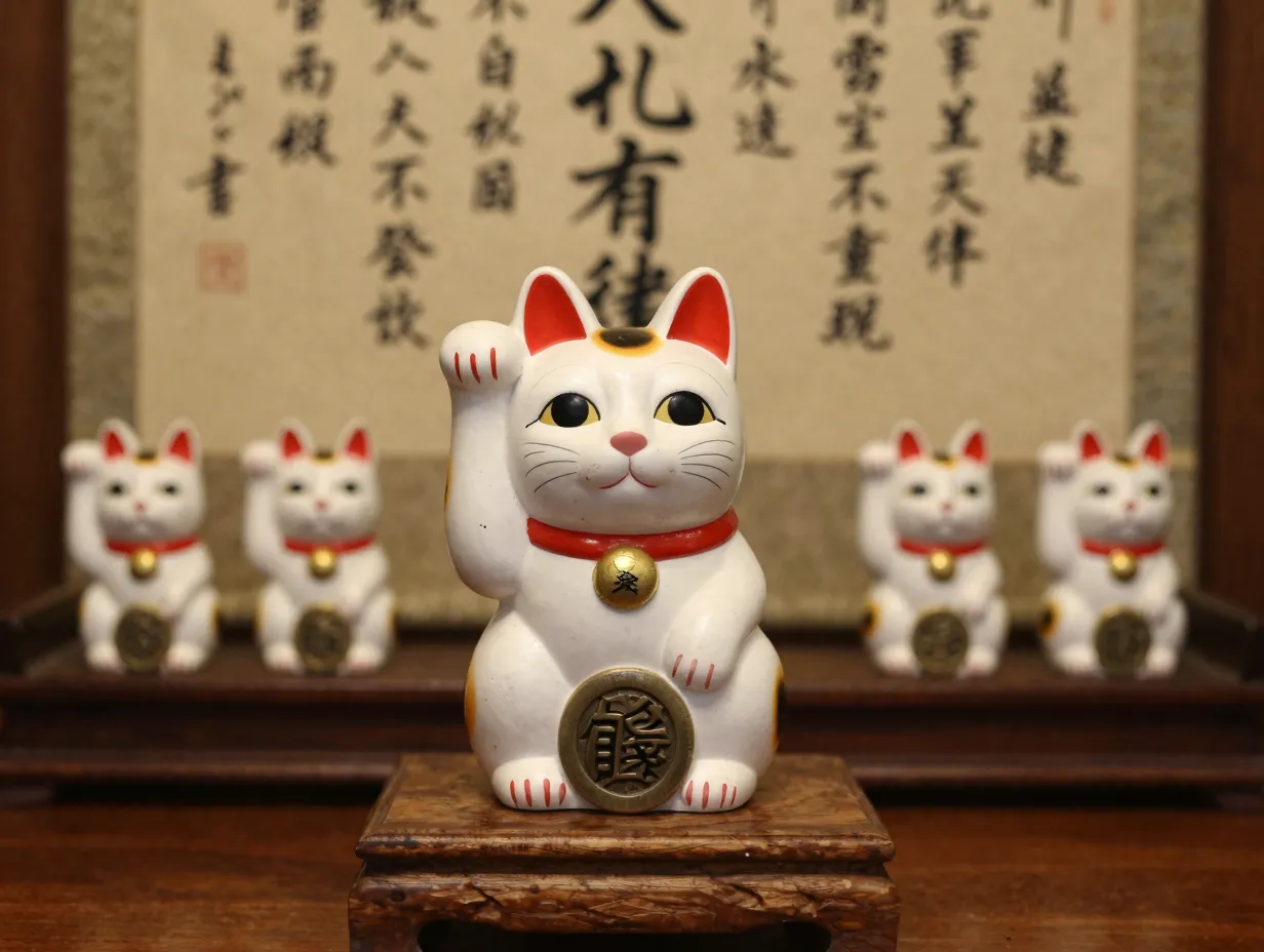 Calico maneki neko on wooden altar before calligraphy scroll